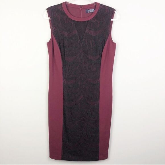 MAGASCHONI | Lace Panel Shift Dress Burgundy Black Women’s Size 10 - Picture 2 of 9